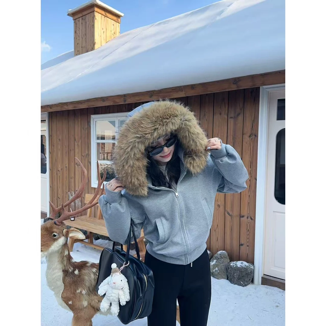 48H【自带造型 】加长大毛领磨毛收腰卫衣休闲连帽夹克外套25213