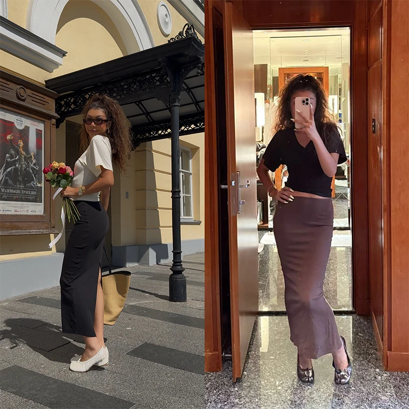 （小溪家）2色极简后开衩半身裙通勤百搭修身显瘦春夏包臀裙子