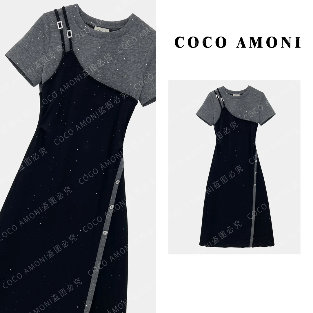 夏日轻奢时尚设计新款女装拼接假两件气质高端显瘦连衣裙AC688