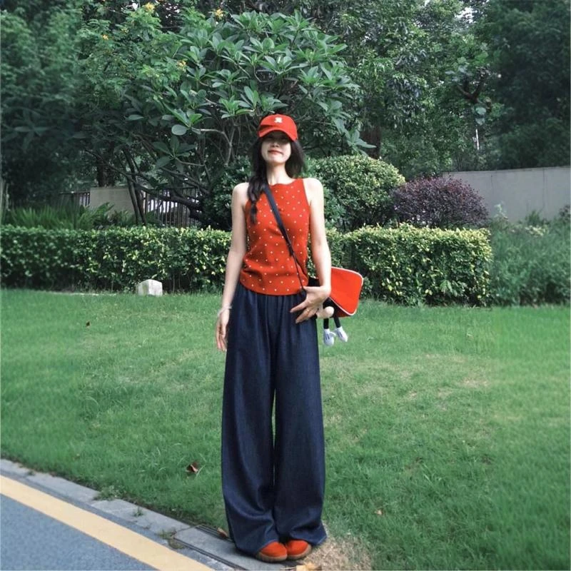 红色波点针织吊带背心女夏季设计感外穿遮副乳内搭打底甜辣小上衣