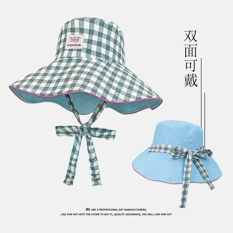 新款正反戴韩版ins格纹系带渔夫帽女户外出游大帽檐防晒遮阳帽子