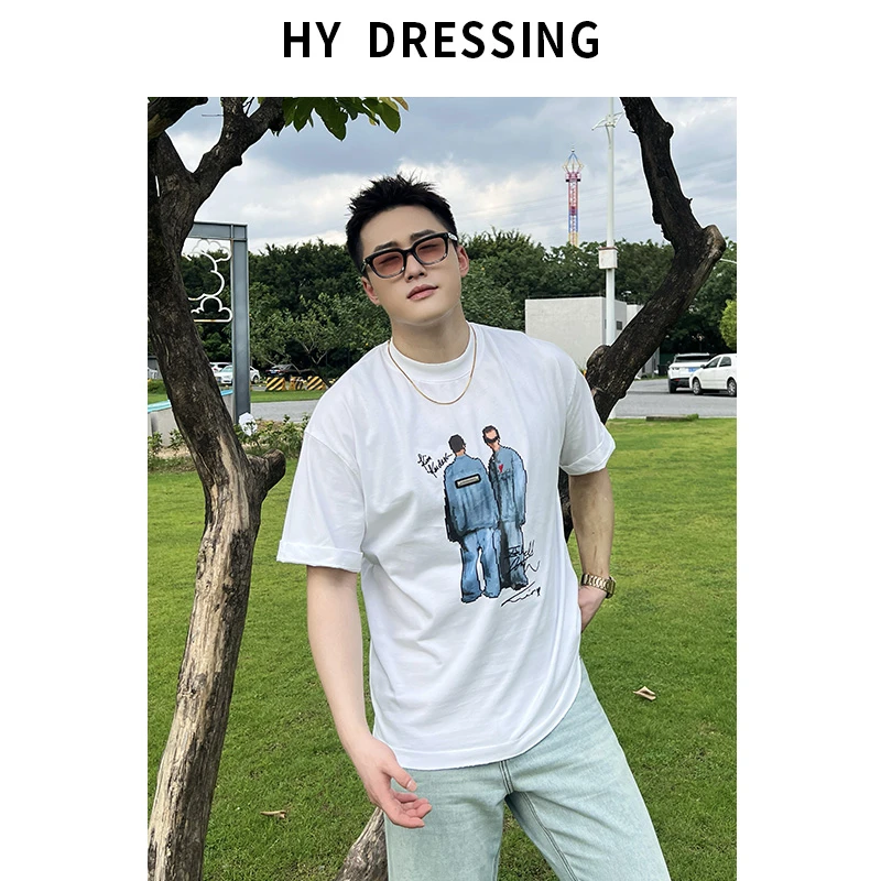 【HY穿搭】夏季重磅磨破印花短袖T恤宽松纯棉复古凉感短T上衣86367