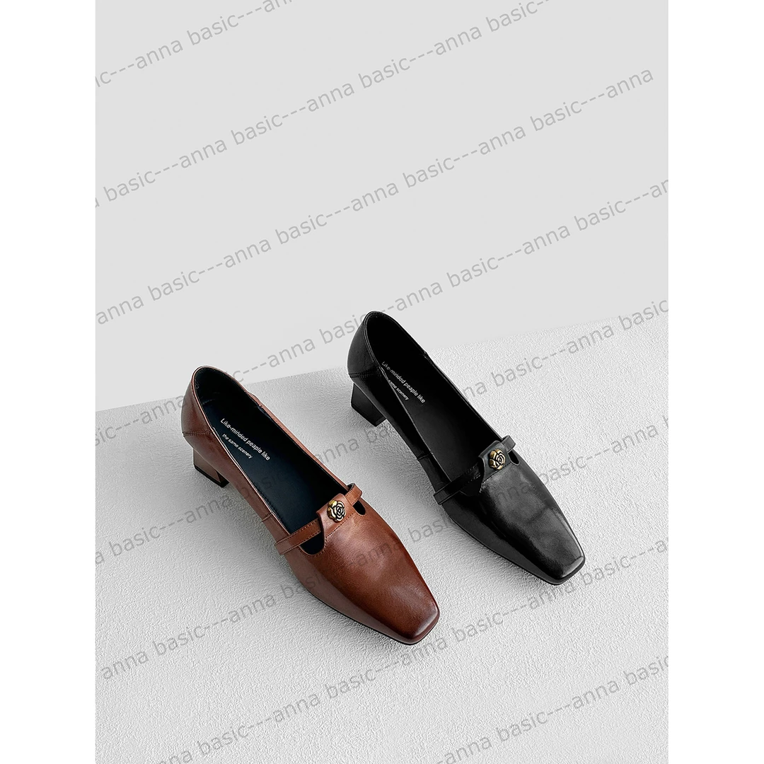 4cm/FC1850牛皮方头浅口单鞋女春秋真皮复古高跟鞋粗跟中跟大小码