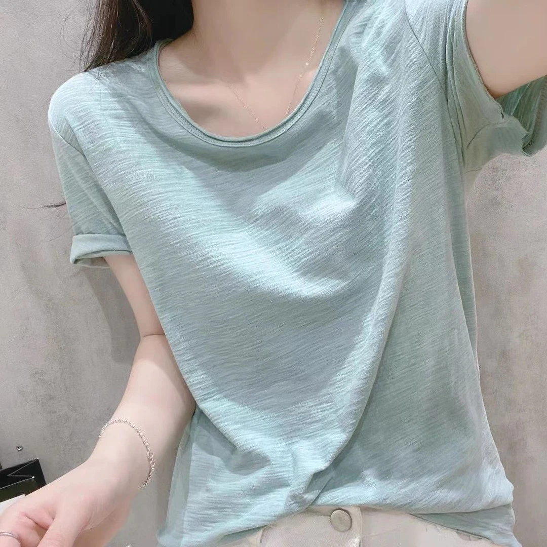 棉卷边短袖恤女夏季爆款纯棉宽松 休闲圆领体恤百搭简约上衣