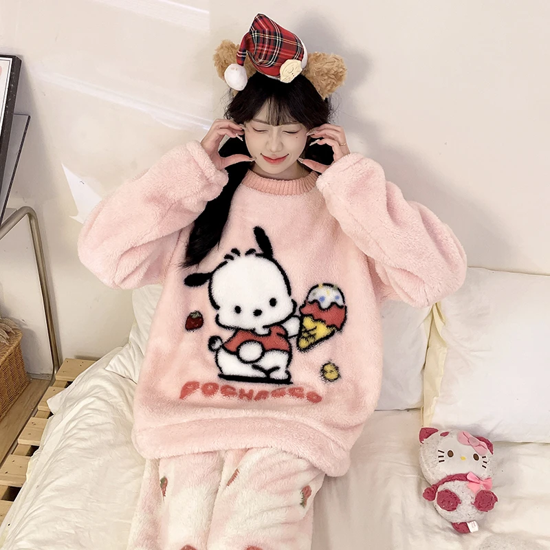 粉萌小白帕恰狗秋冬新款睡衣套装珊瑚绒女款冬季加绒加厚家居服