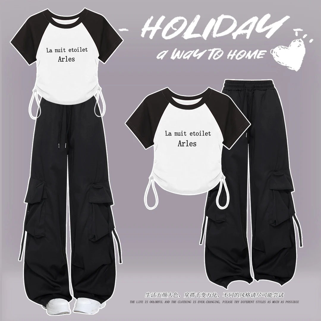 中大童阔腿裤套装女夏装爆款2025小女孩洋气插肩袖t恤直筒工装裤