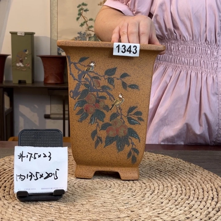花盆紫砂  新品柴烧柿柿如意手绘高四方1543