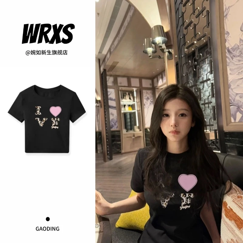 【婉如新生】黑色高级感修身短袖t恤女2025夏季辣妹纯欲风短款上衣