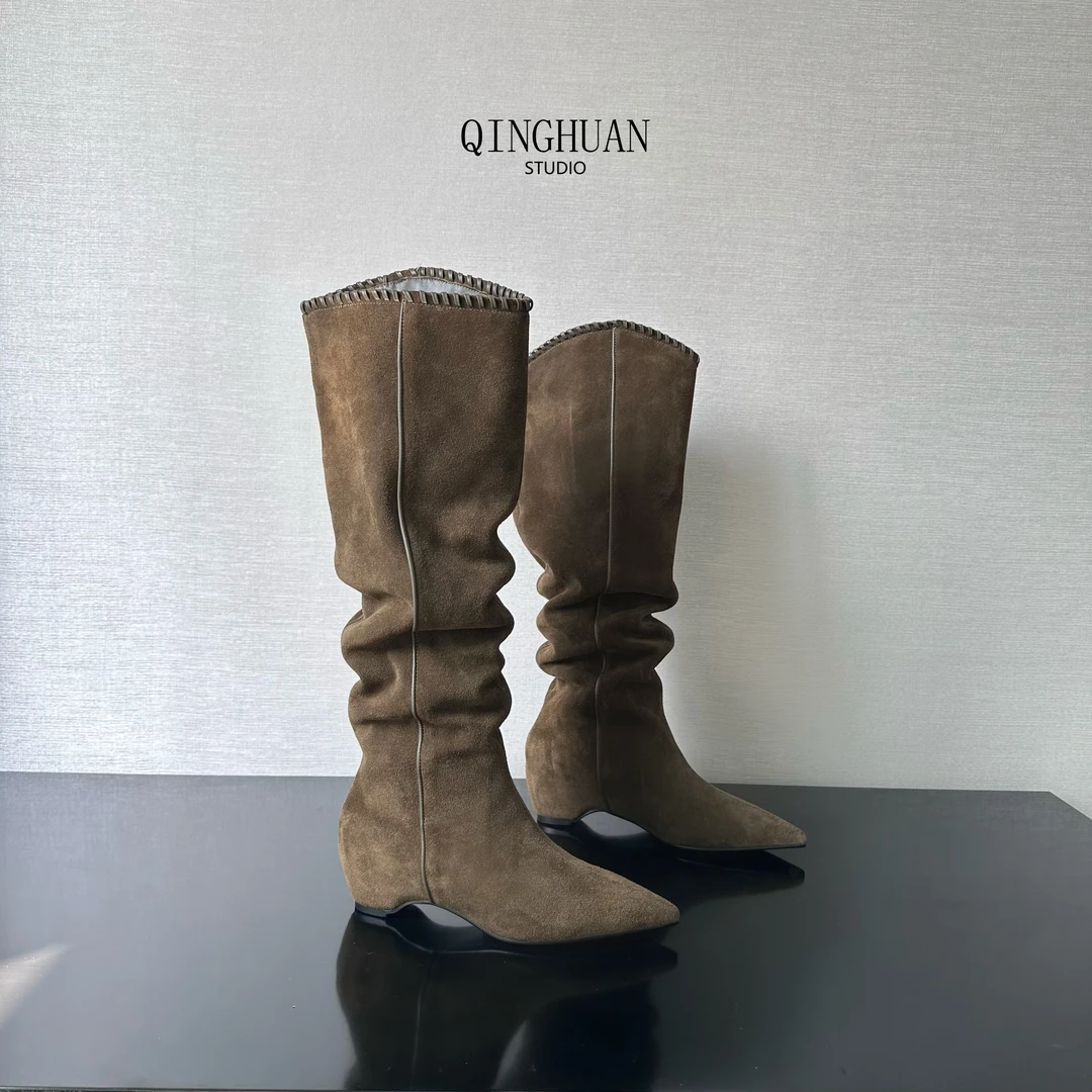 【清欢3店】超显瘦斜口头层皮堆堆靴 | 复古百搭内增高 | 5cm