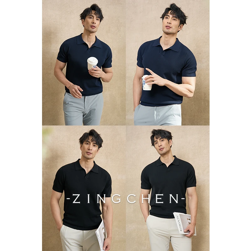 【奢华桑蚕丝长绒棉】ZINGCHEN短袖V领针织POLO衫夏季休闲T恤男
