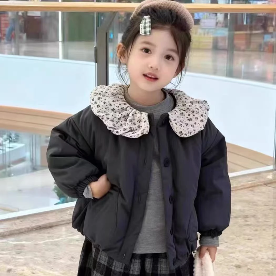 女童棉服冬款中小童宝宝韩版时髦棉袄儿童碎花娃娃领夹棉加厚外套
