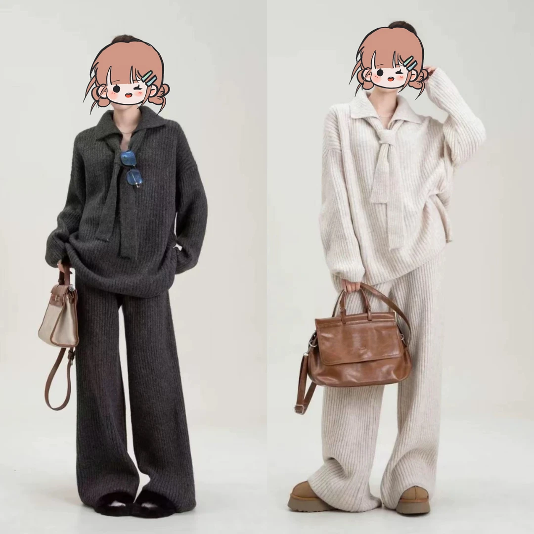 慵懒风毛衣套装女秋冬新款加厚宽松韩版针织衫配领带休闲裤两件套