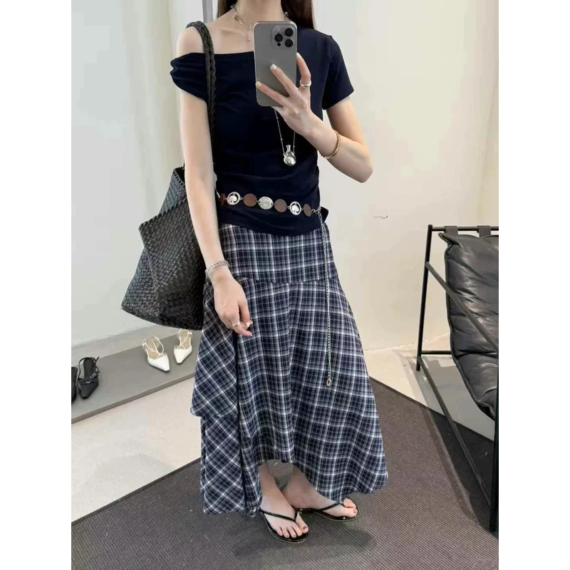 法式休闲时尚套装女设计感绝美一字肩露肩T恤高腰半身裙两件套女