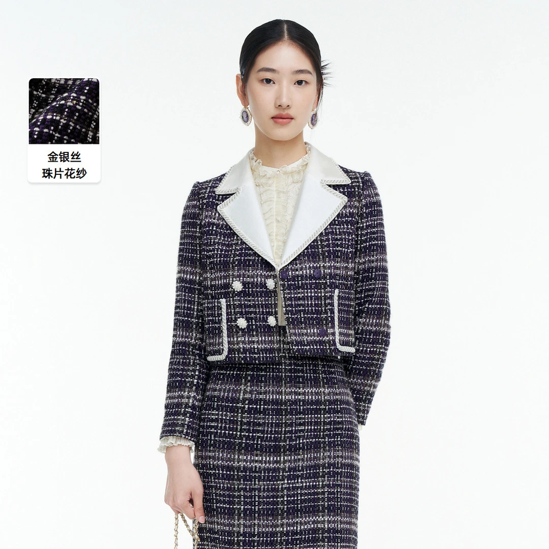 【晨粉专享价】小香风贵气夫人钉珠翻领短款通勤长袖外套上衣女
