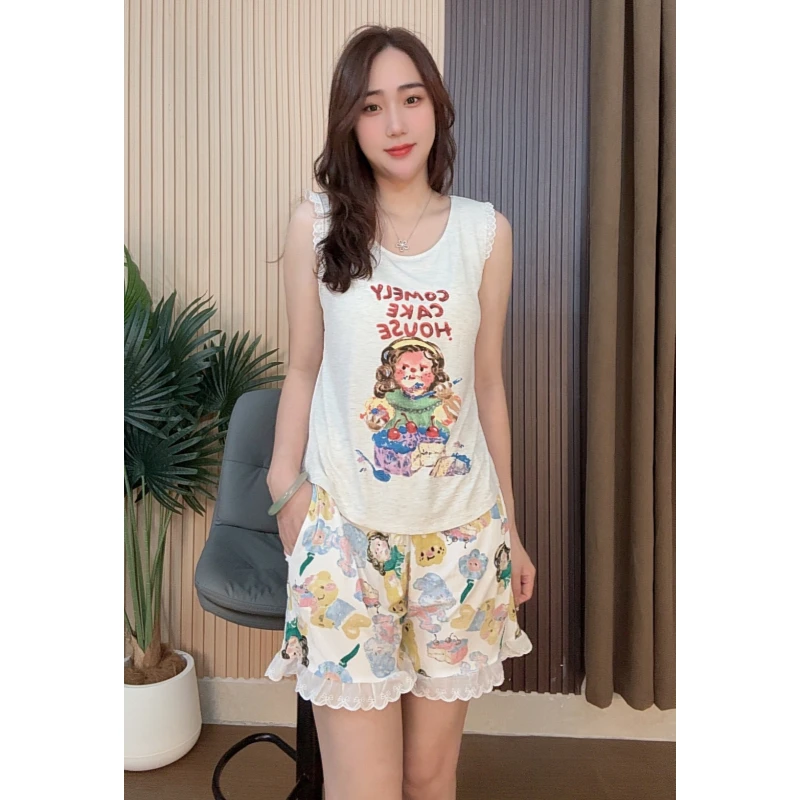 睡衣女夏款莫代尔棉背心短裤韩版可外穿家居服套装（彩绘女孩）