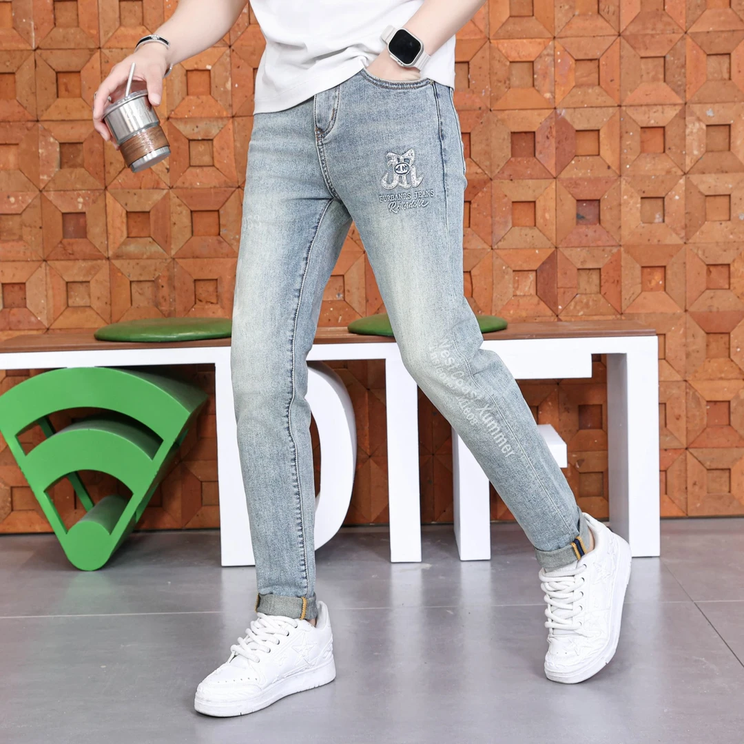 2025年新款春夏季浅色印花休闲男士时尚牛仔裤修身弹力潮流裤子