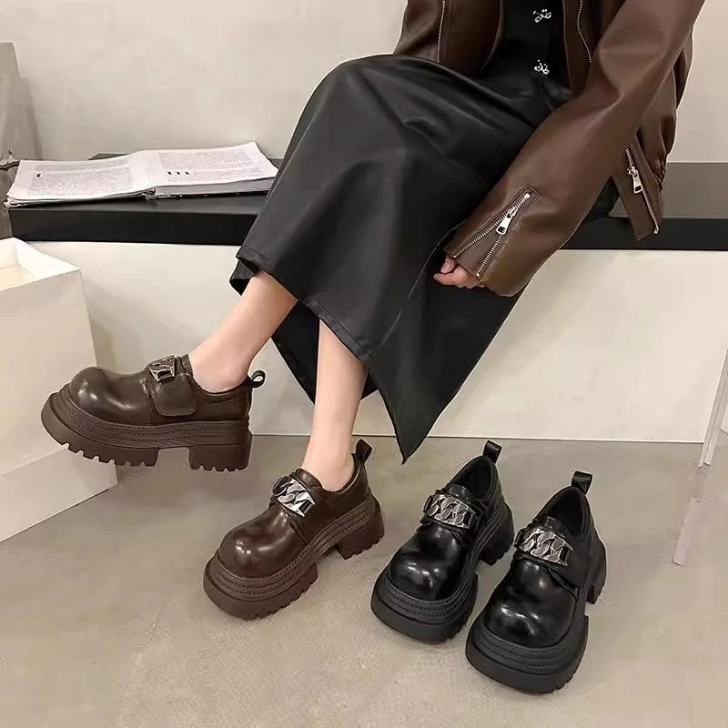 欧货大头厚底粗跟乐福鞋女2025春季新款一脚蹬增高英伦风小皮鞋潮