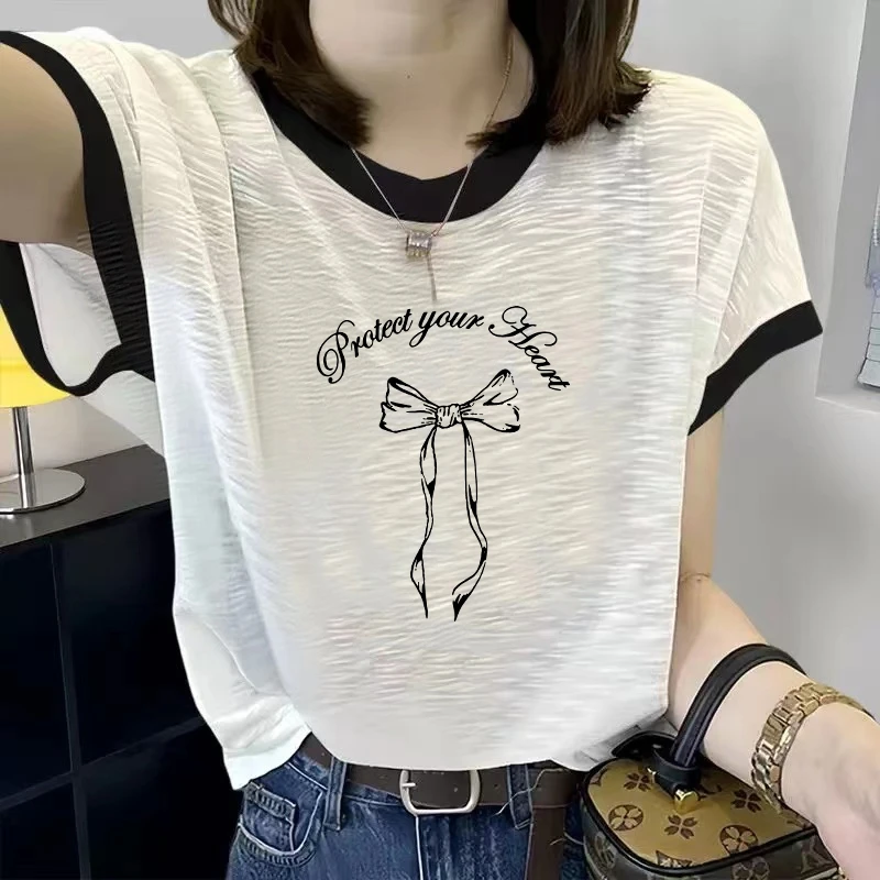 2025新款100%竹节棉短袖卡通T恤女夏季大码宽松显瘦撞色圆领上衣