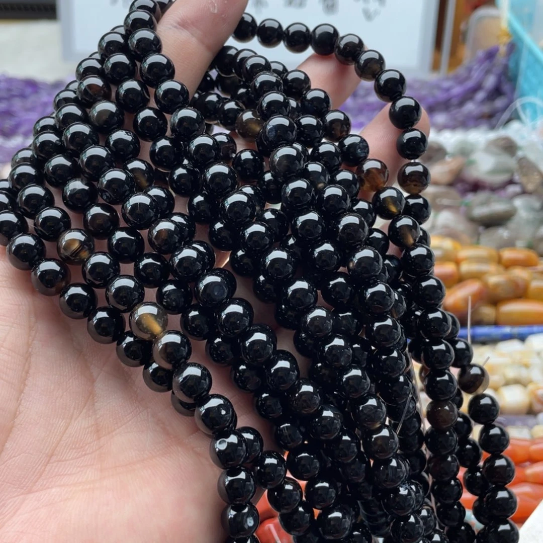 玛瑙/玉髓合金珠宝半成品一条装卡8mm黑玛瑙圆珠带透