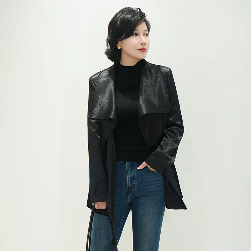 系带翻领秋冬季常规配色女皮衣气质秋冬上衣外套9938
