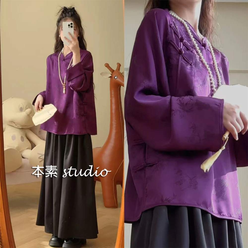 紫气东来Y3095提花盘扣斜门襟立领衬衫