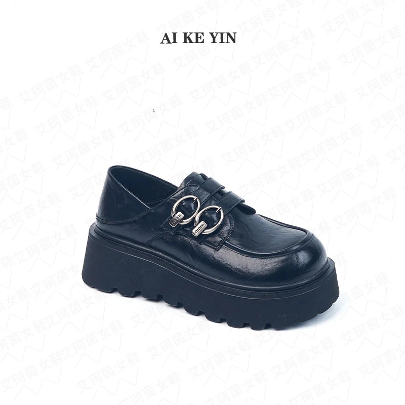 【艾珂茵】春夏季新款圆头厚底气质百搭金属皮带扣单鞋黑色休闲时尚