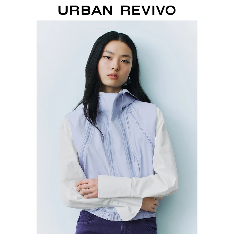 UR2025春季新款女装欧若风多拉链设计连帽无袖罩衫衬衫UYV250021