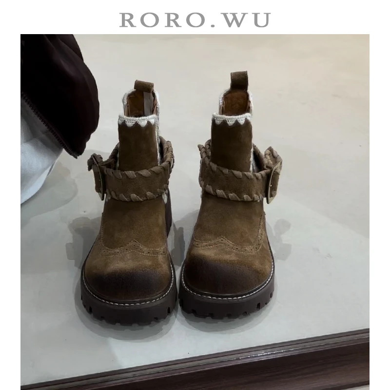 娆娆吴·磨砂牛皮复古加绒保暖切尔西靴冬季新款粗跟马丁靴女A03