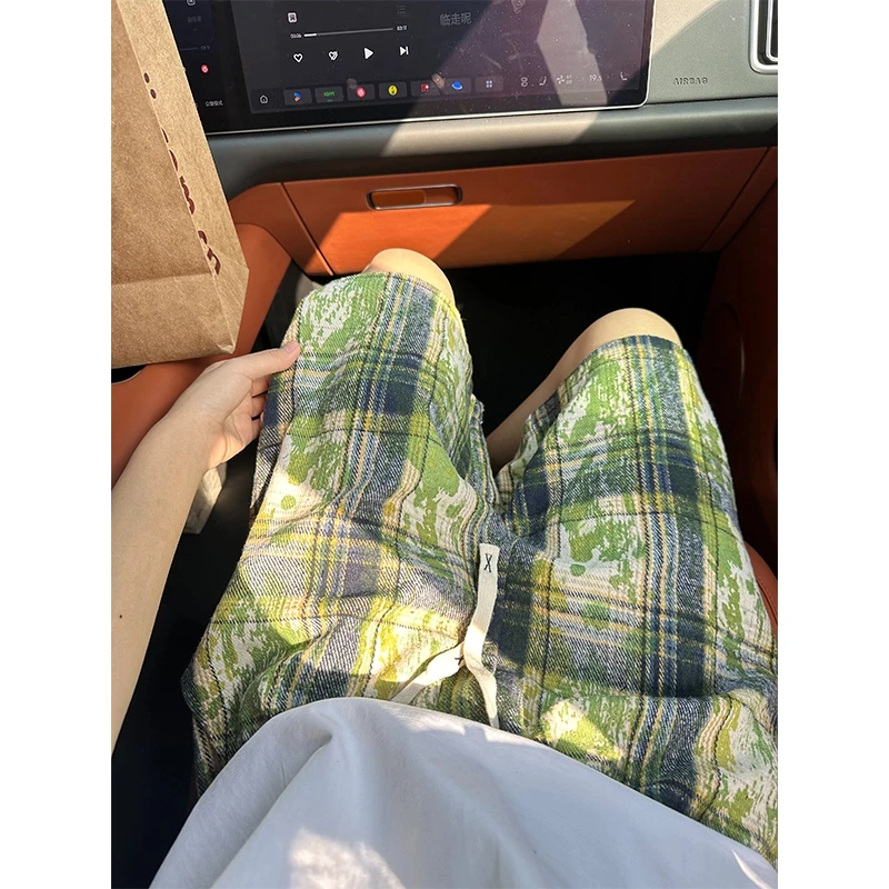 美式vintage扎染绿短裤男夏季cleanfit过膝五分裤休闲情侣短裤