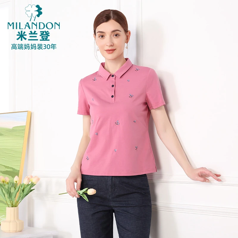MILANDON/米兰登2025夏季翻领短袖Polo衫时尚绣花女T恤3Q2T1164X