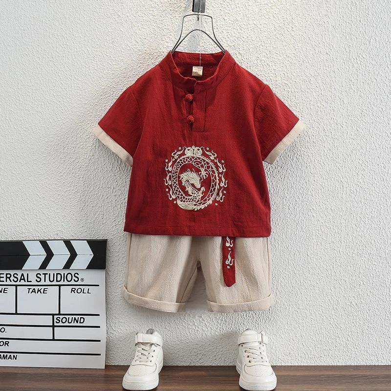 儿童汉服男童夏季中国风唐装宝宝夏装短袖礼服周岁套装表演服棉麻