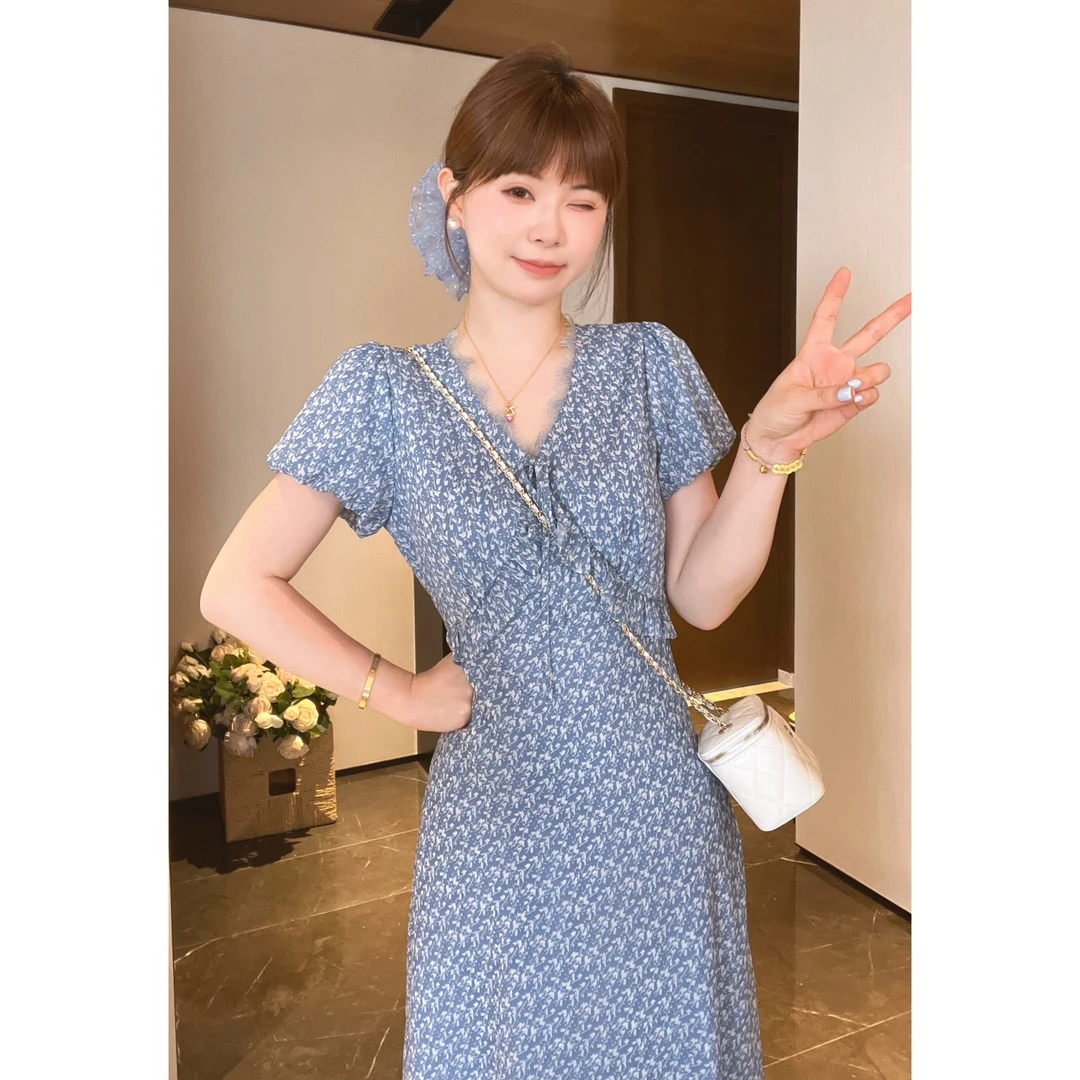 法式气质收腰显瘦蓝碎花中长款连衣裙
