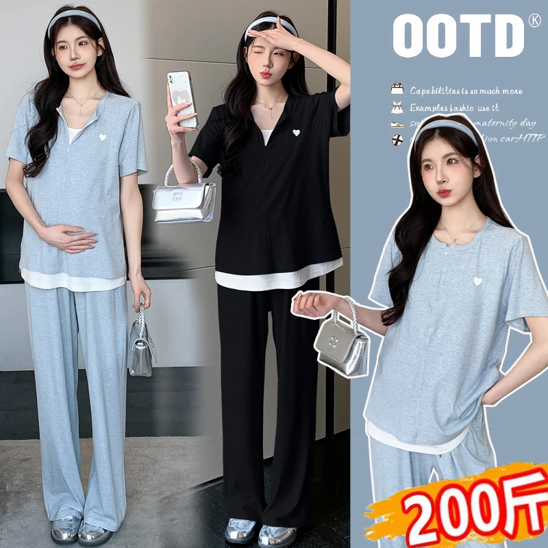 时髦孕妇套装2025夏季新款假两件V领短袖T恤休闲长裤两件套200斤