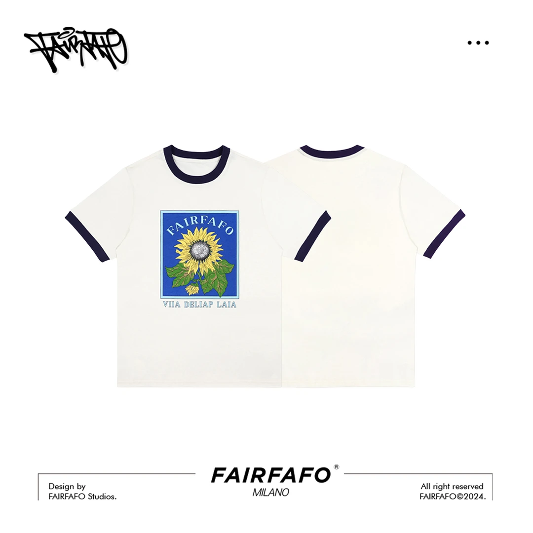 FAIRFAFO林肉肉【太阳花】小众设计休闲印花圆领短袖t恤女23TX20622