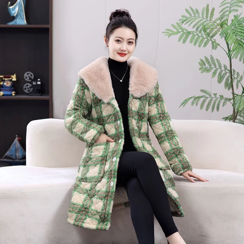 加绒加厚翻毛领罩衣女士冬季棉服宽松中长款保暖夹棉耐脏棉衣外套