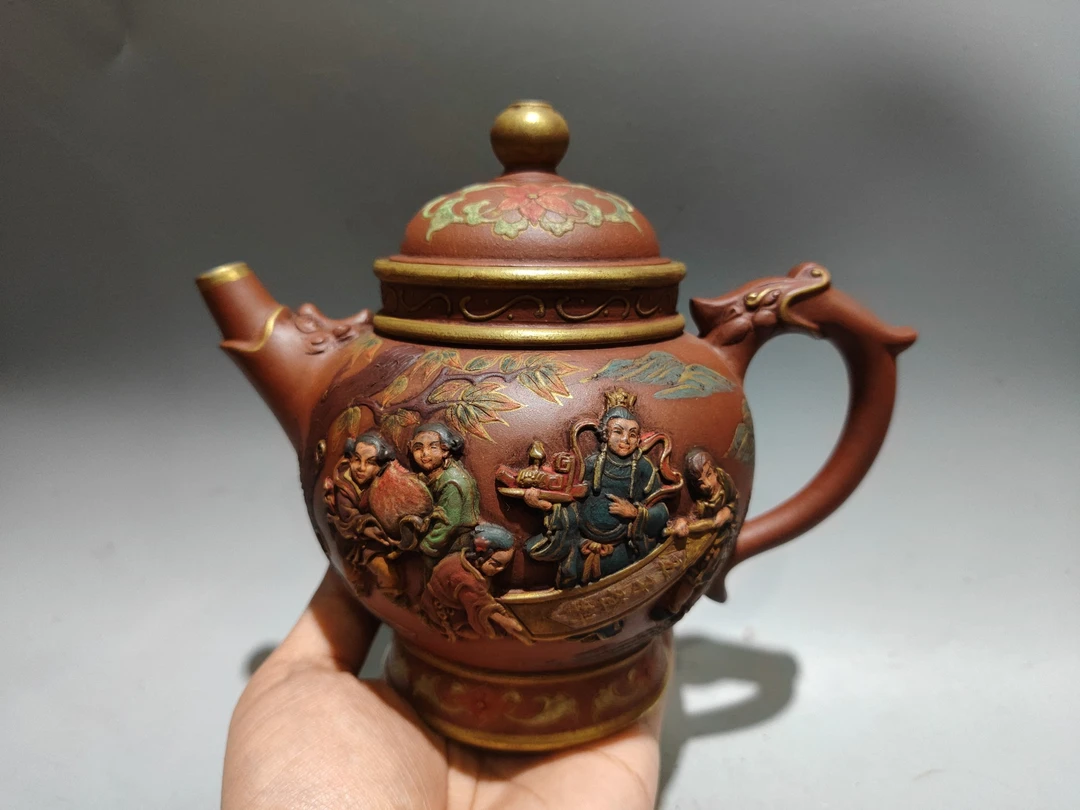 品名鎏金彩绘壶回流宫廷御制尺寸19/16cm..容量500cc泥料原矿红泥