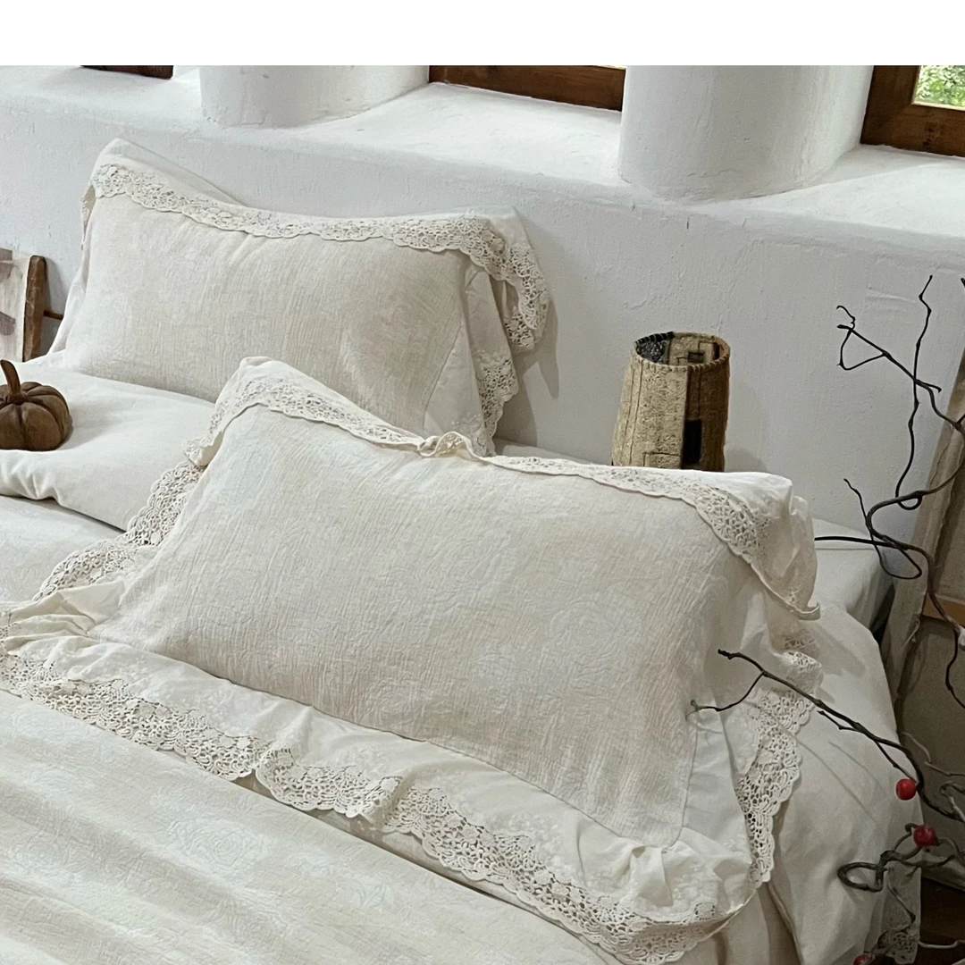 【禾风织野-棉麻枕套】单枕套 亚麻法式蕾丝复古花边四件套棉麻柔软