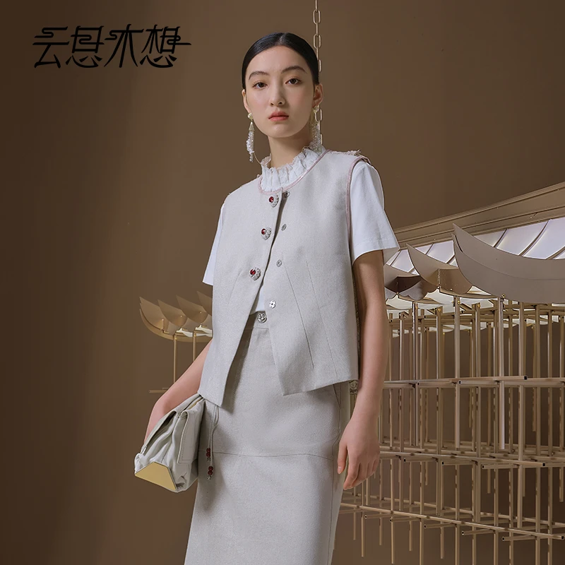 Ysimo-X云思木想 木棉花开 编织花朵扣背后蕾丝镂空无袖马甲12907