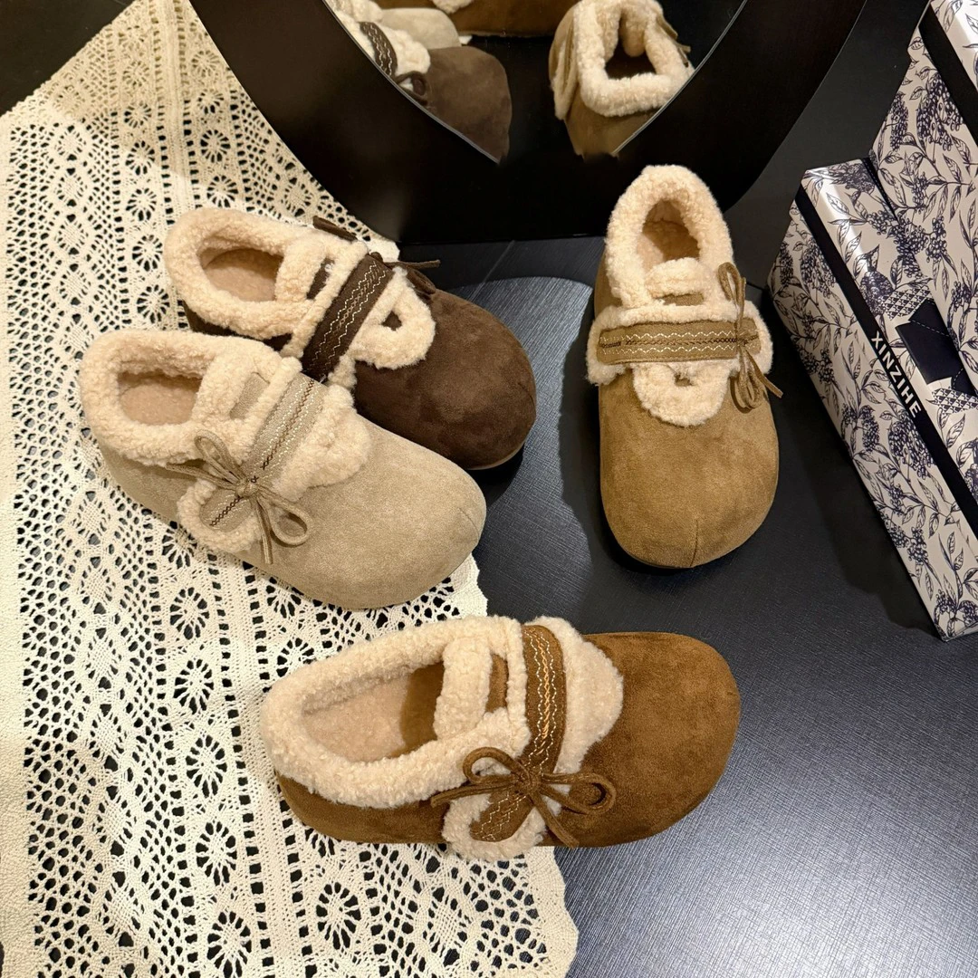 蝴蝶结刺绣勃肯鞋加绒内增高2025新款秋冬厚底全包毛毛棉鞋女鞋