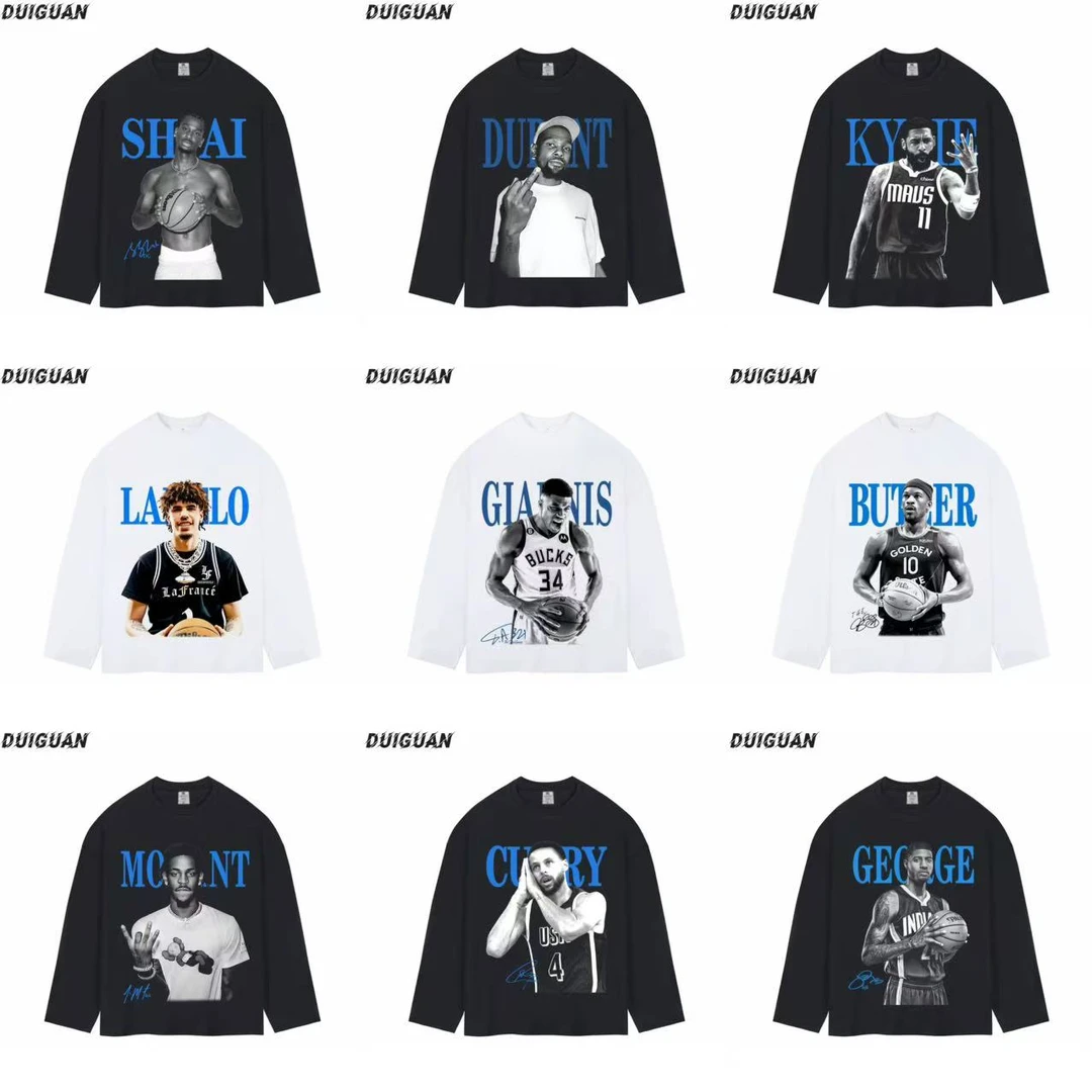 球星合集系列长袖美式潮牌重磅纯棉260g直喷印花篮球秋冬季T恤