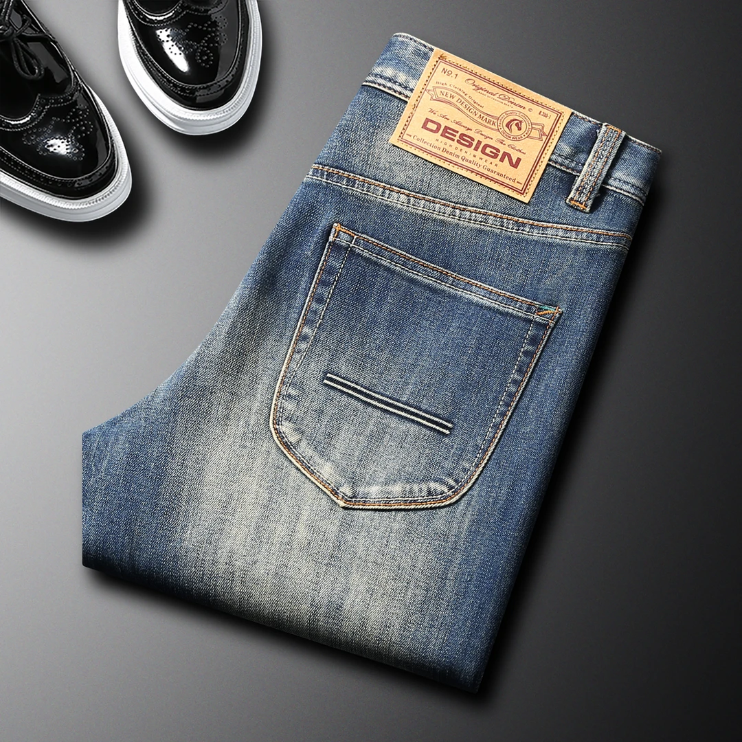 男款修身弹力牛仔裤秋冬厚款高端时尚潮流弹力修身小直筒裤男百搭