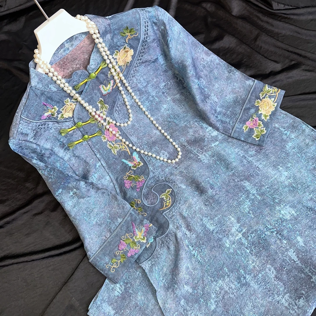 24157-39常熟新中式气质长款显白气质蓝提花新中式连衣裙