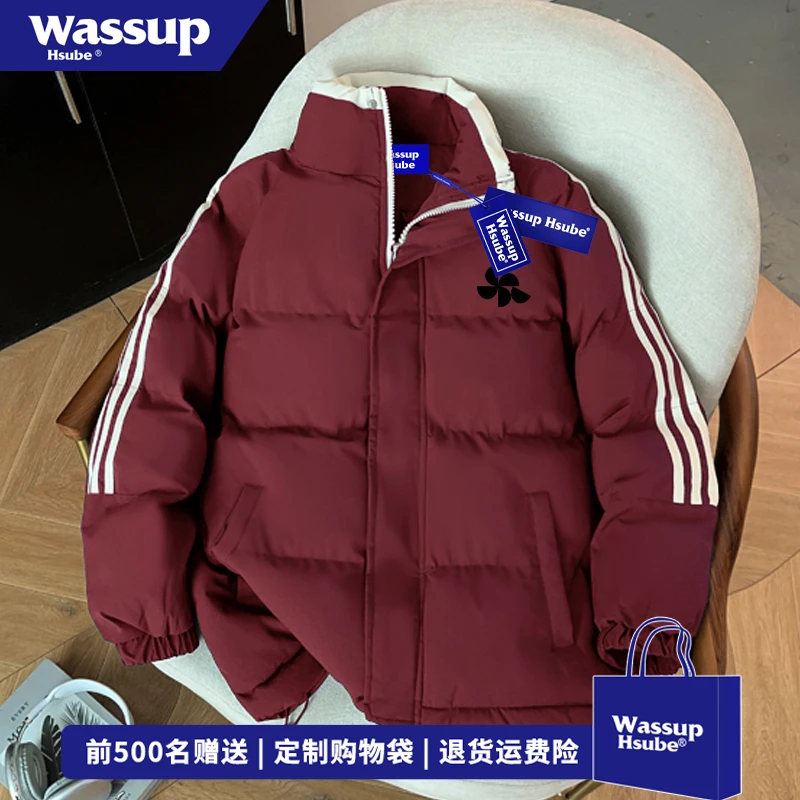 WASSUP HSUBE简约加厚三条杠撞色立领面包服男美式设计感印花棉服