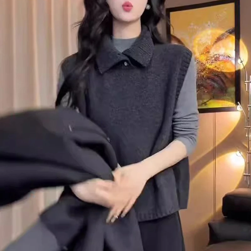 时髦洋气套装灰色高领针织马甲女装秋季新款独特别致叠穿外搭上衣