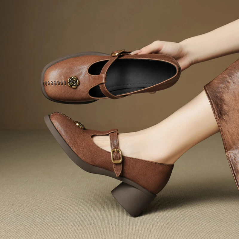 【5cm/羊皮】经典山茶花单鞋厚底鞋T字带单鞋1681309