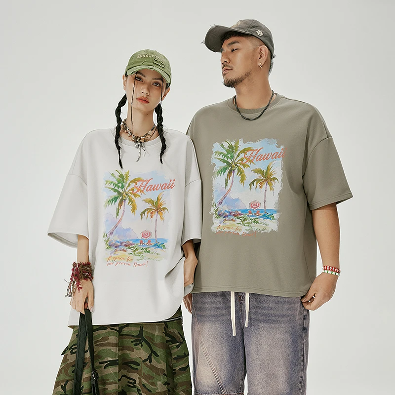 NMAX大码潮牌男装25年夏透气度假风印花短袖T恤宽松上衣FNT078