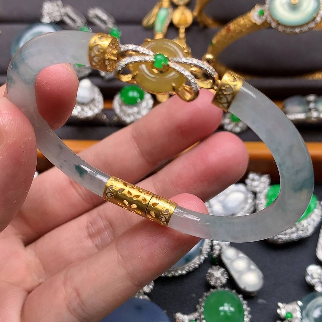 翡翠18K金镶嵌手镯（开口镯）