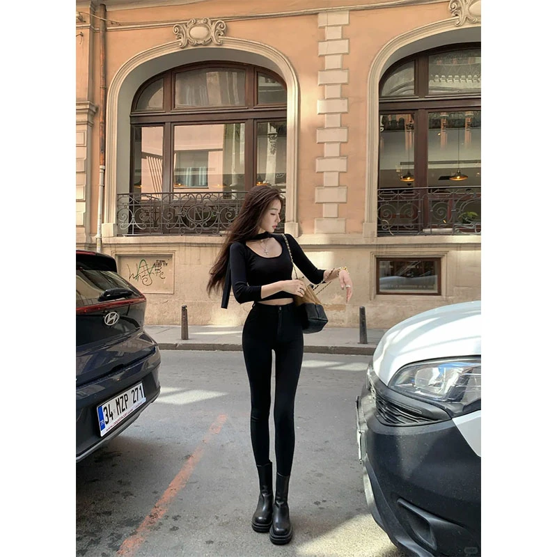 通勤风修身显瘦小众U领网红穿搭上衣秋季休闲宽松百搭直筒长裤女