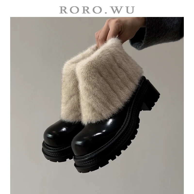 娆娆吴·牛皮圆头厚底加绒保暖毛毛靴冬季新款粗跟时装靴女Z108