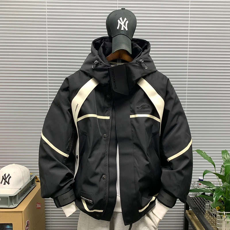 工装潮牌连帽白鸭绒羽绒服外套男冬季新款休闲宽松防风保暖派克服